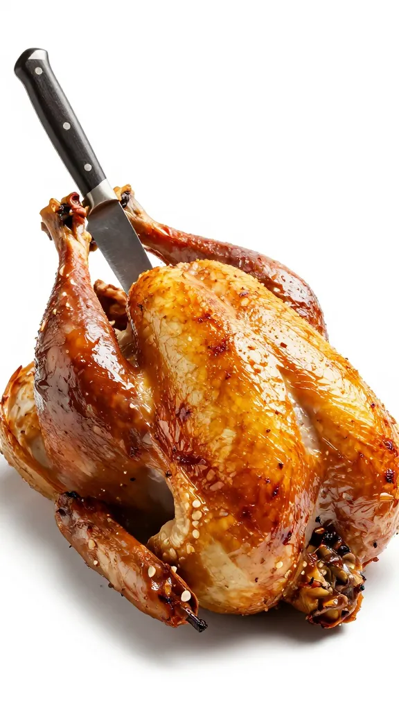 Golden roasted turkey, shatter-crisp skin, carving knife poised