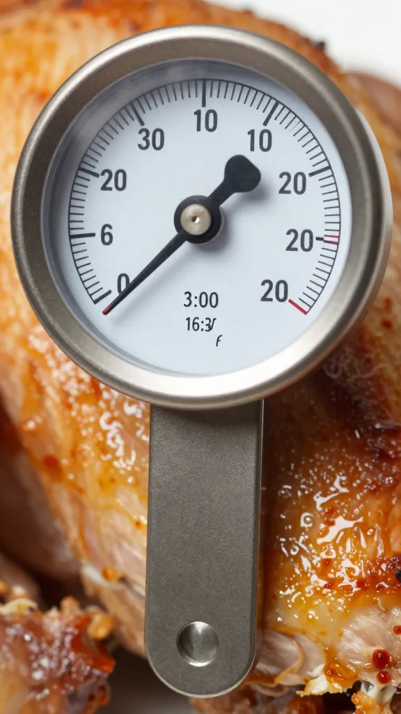 Meat thermometer reading 160°F in turkey breast, close-up