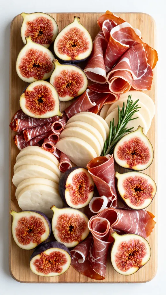Fall charcuterie board with figs, prosciutto, and rosemary