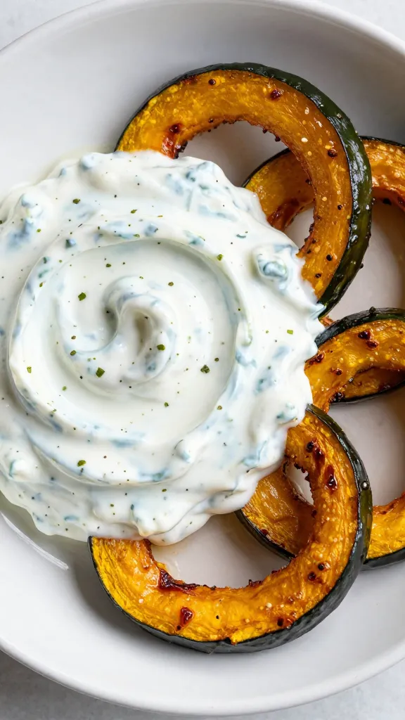 Roasted delicata squash rings with herbed yogurt dip