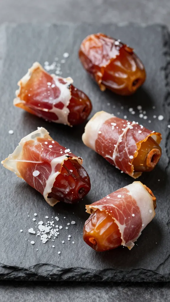 Prosciutto-wrapped dates on slate board, sea salt sprinkle