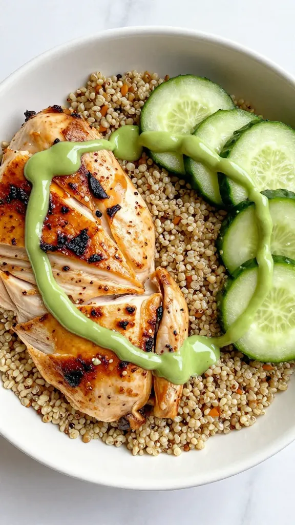 quinoa bowl with rotisserie chicken, cucumbers, tahini-lemon drizzle