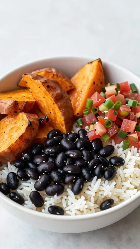 rice bowl with black beans, roasted sweet potatoes, salsa