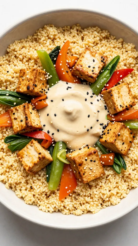 couscous bowl with tofu cubes, frozen stir-fry veggies, sesame sauce