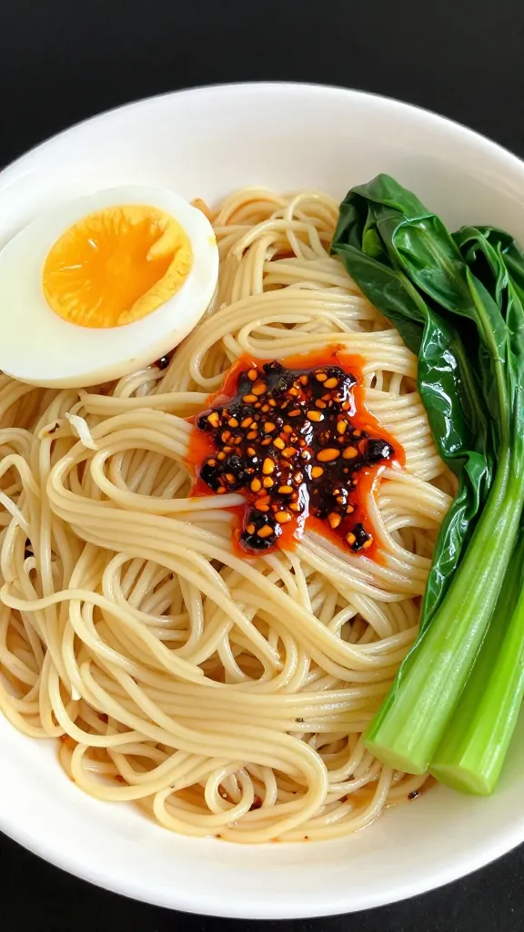 noodles with soft-boiled egg, sautéed greens, chili oil