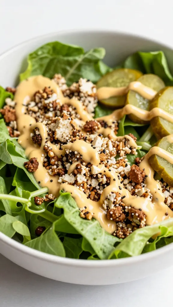 salad greens bowl with crumbled leftover burger, pickles, mustard mayo