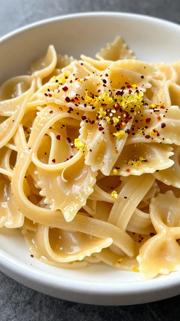 Angel hair pasta with garlic, chili flakes, lemon zest
