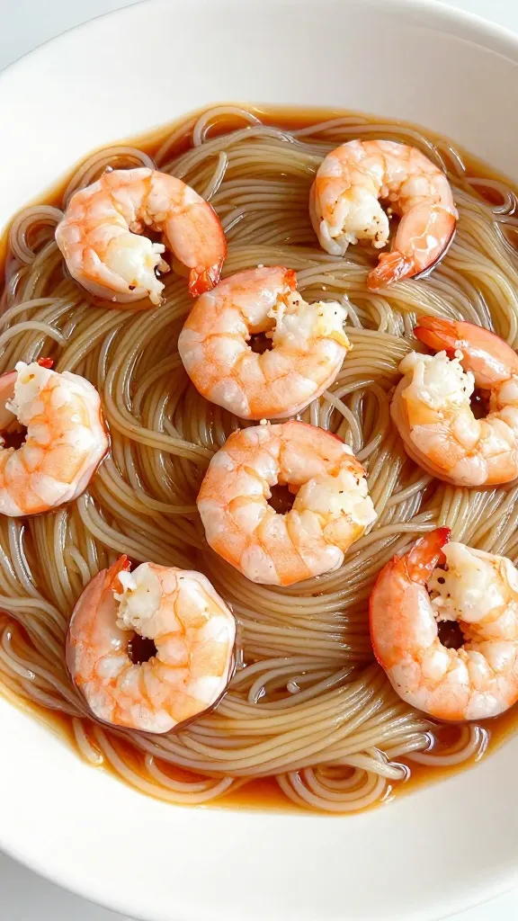 Rice noodles tossed with soy sauce and frozen shrimp