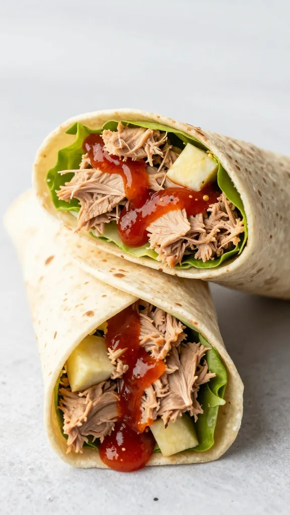 Tuna salad wraps with tortillas and hot sauce