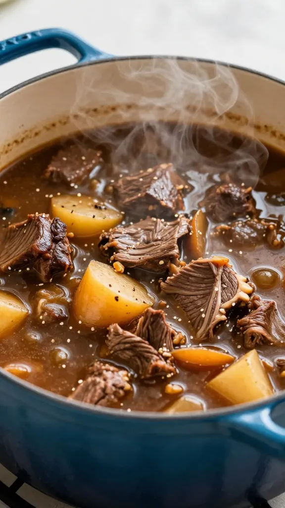 steaming beef stew in navy Dutch oven
