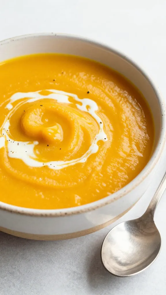 creamy pumpkin soup in rustic bowl, spoon beside