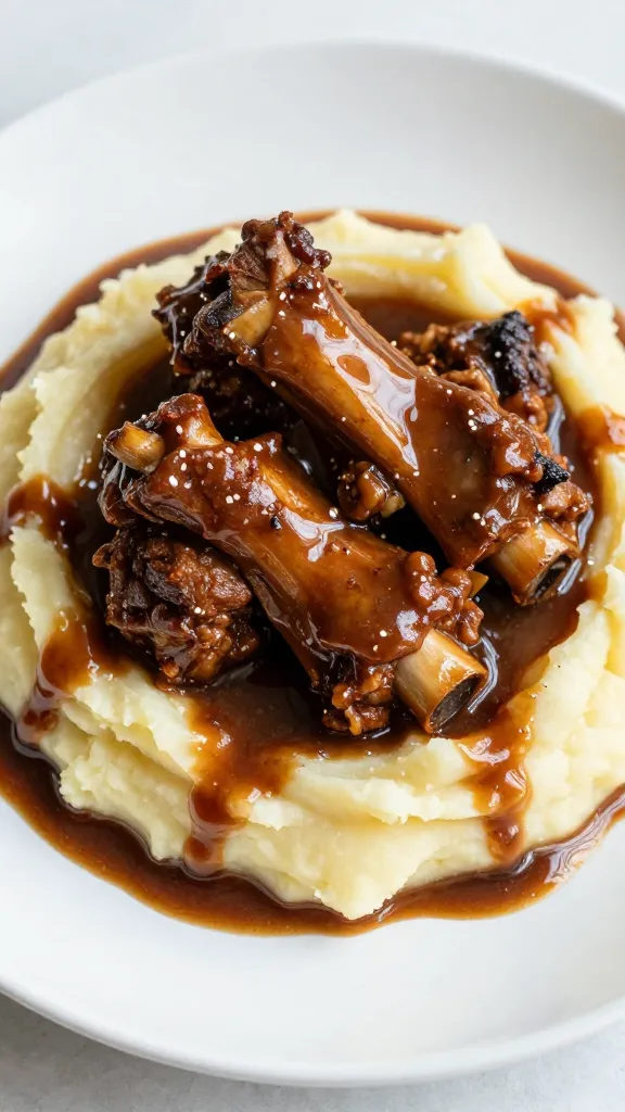 braised short ribs over mashed potatoes, gravy drizzle