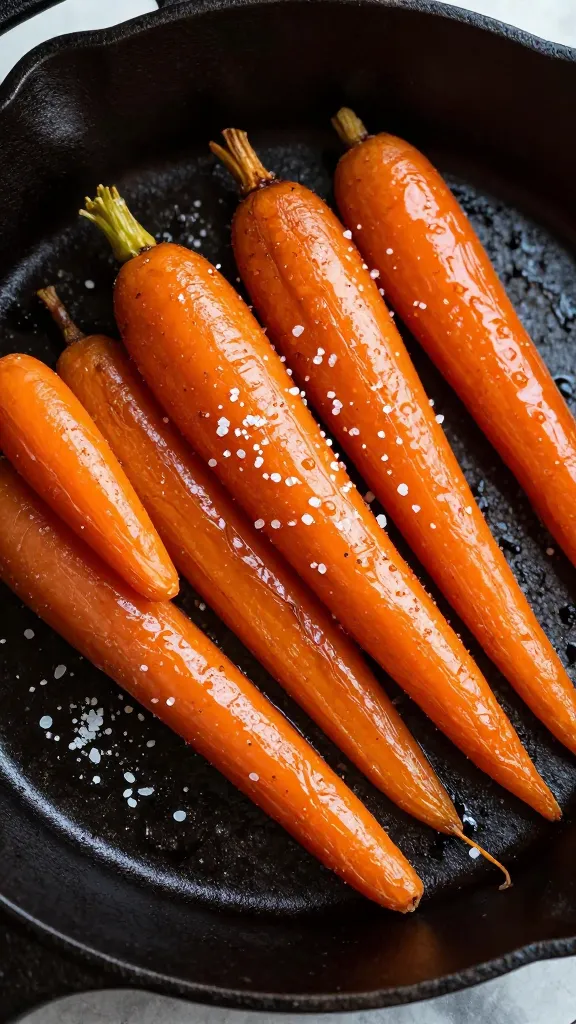 maple-glazed carrots on cast-iron skillet, sea salt flakes