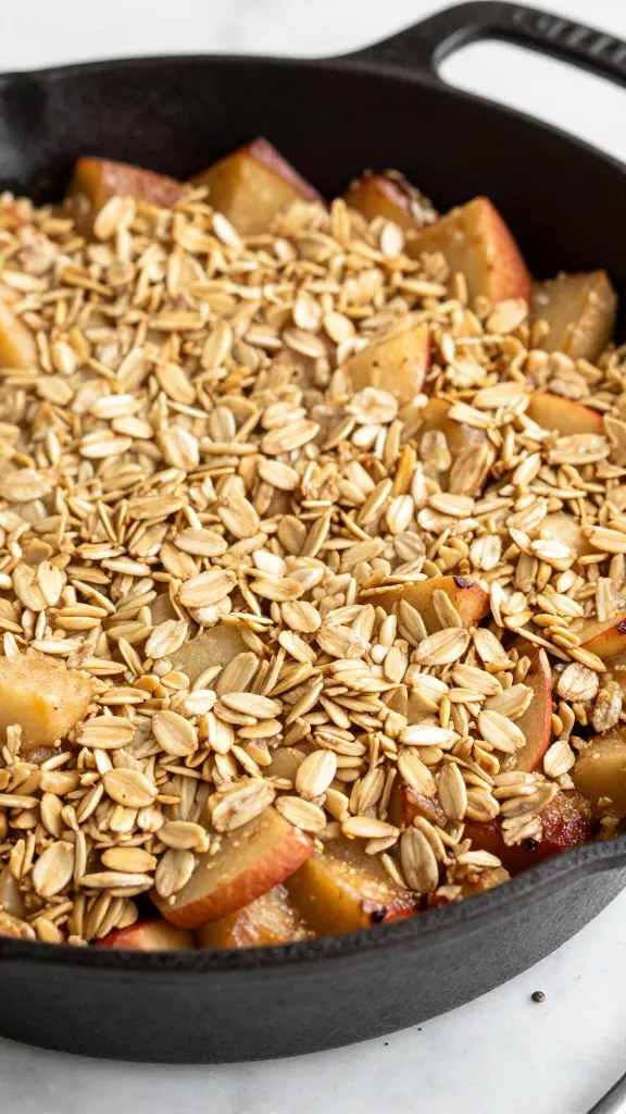 warm apple crisp in cast-iron skillet, oat topping