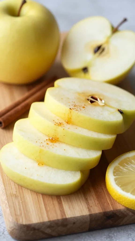 sliced Honeycrisp apples with cinnamon and lemon on board
