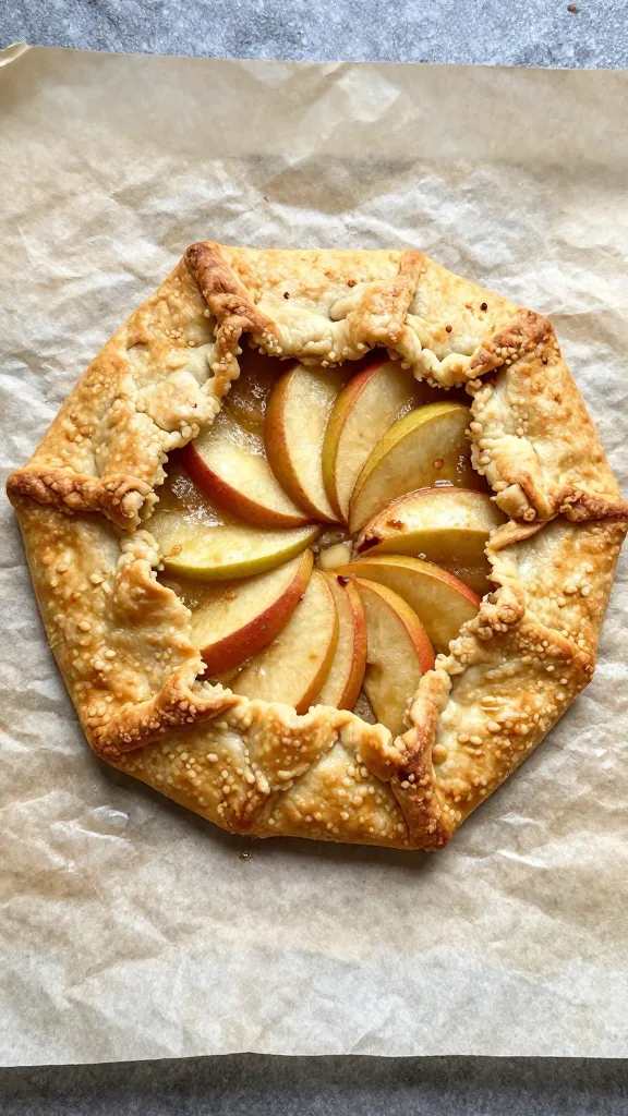 rustic apple galette on parchment, golden edges