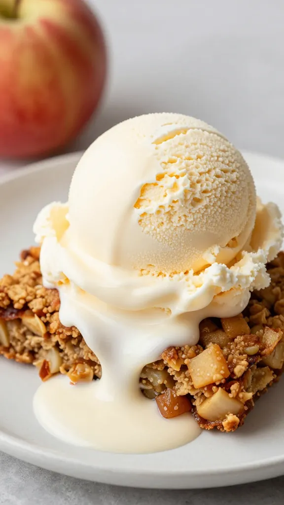 scoop of vanilla ice cream melting on apple crisp