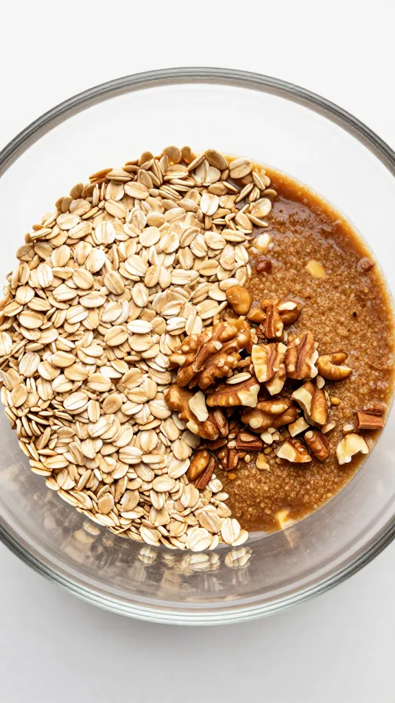 mixing bowl with oats, brown sugar, chopped nuts, cinnamon
