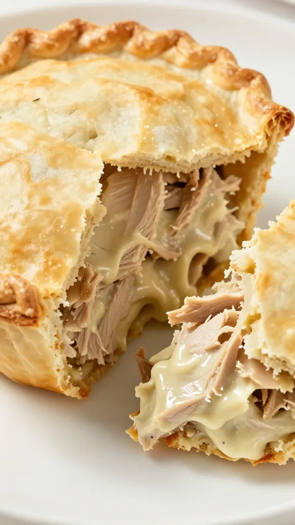 Sliced gluten-free pot pie showing creamy turkey filling