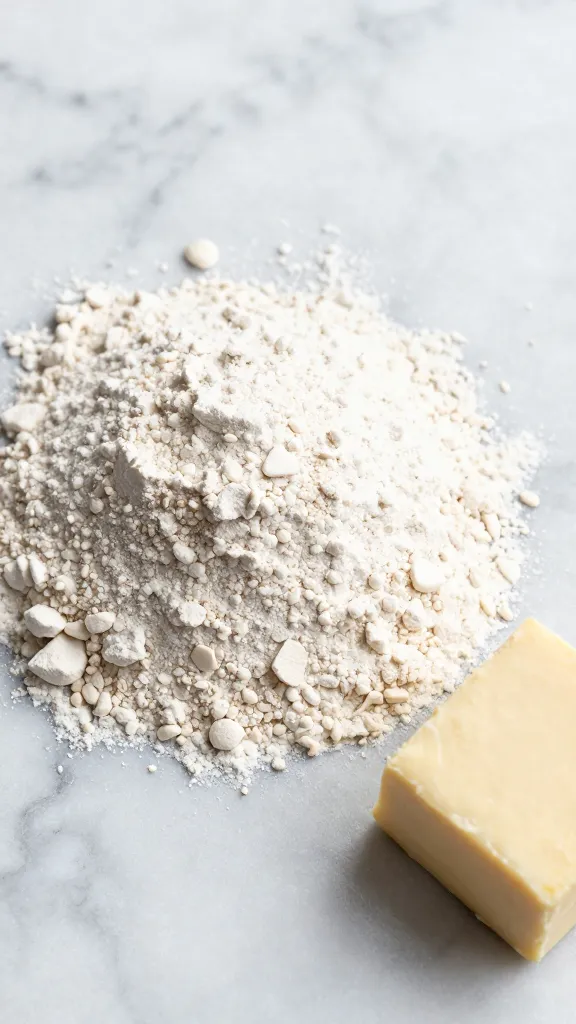 Gluten-free flour blend and cold fat on marble counter