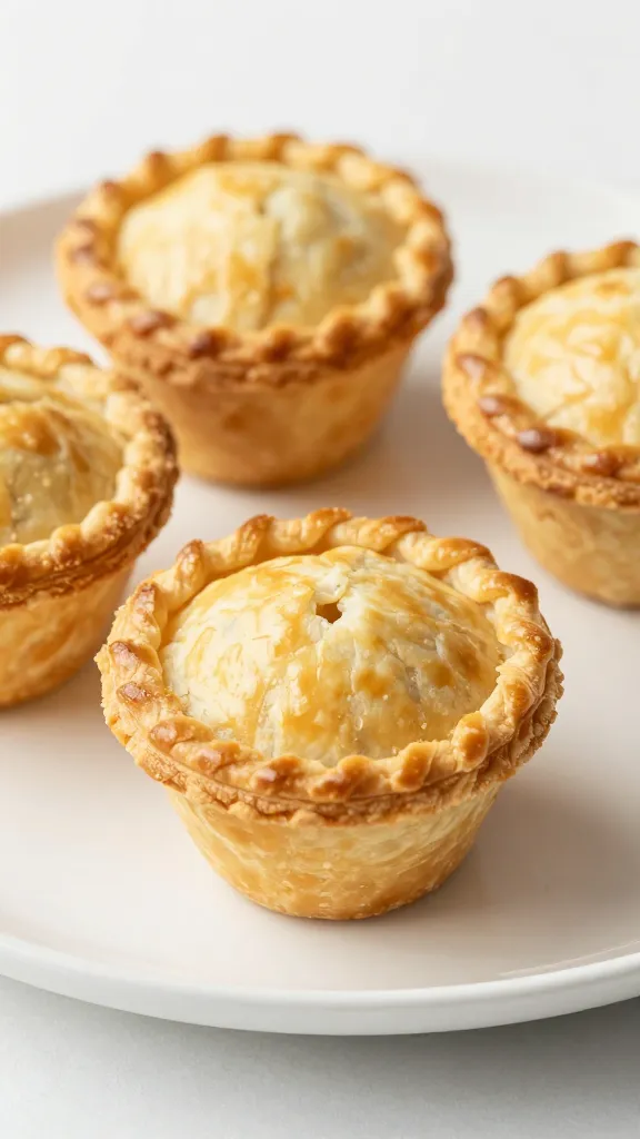Mini turkey pot pies on white plate, flaky golden crust