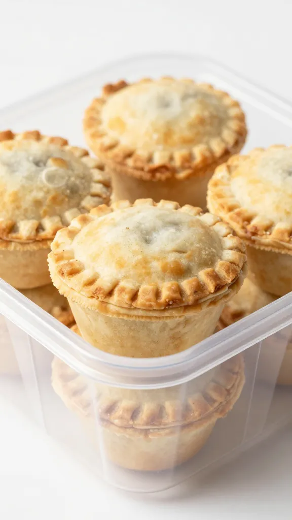 Frozen mini pot pies in labeled freezer container