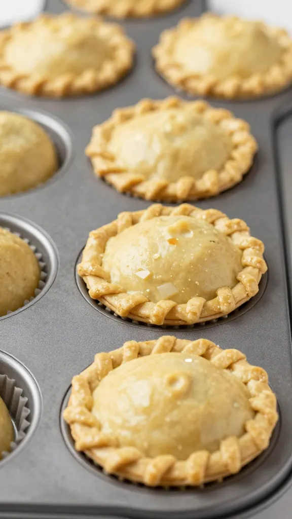 Muffin tin filled with unbaked turkey pot pies