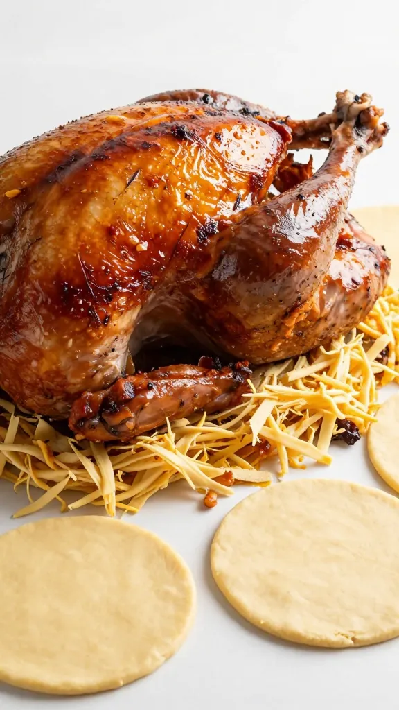 Rotisserie turkey shredded beside pie dough rounds