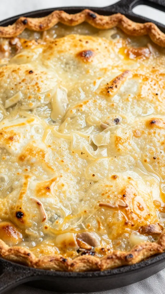 bubbling turkey pot pie with golden crust, cast-iron skillet