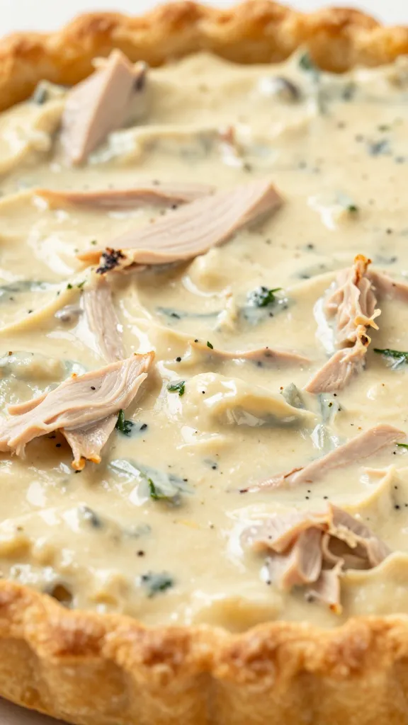 close-up flaky crust with creamy turkey-vegetable filling