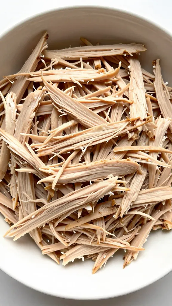 shredded leftover turkey dark meat in white bowl