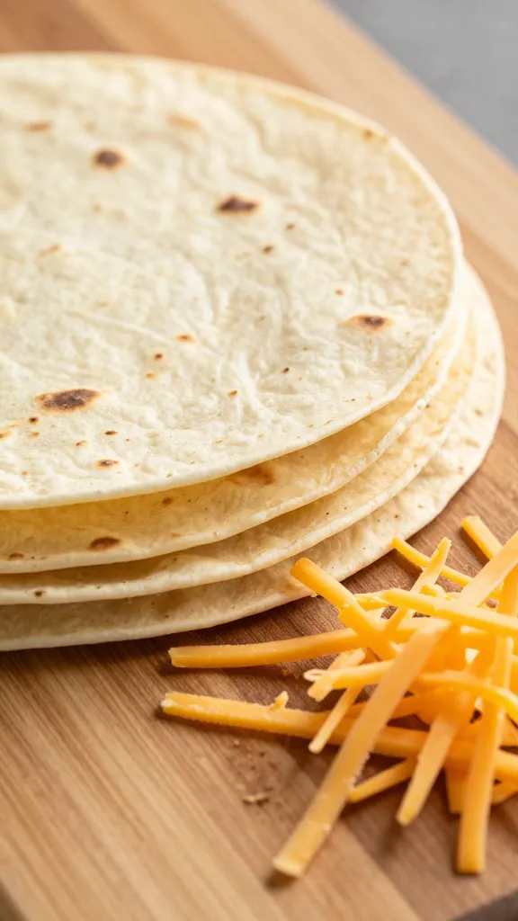 flour tortillas stacked beside shredded cheddar on board