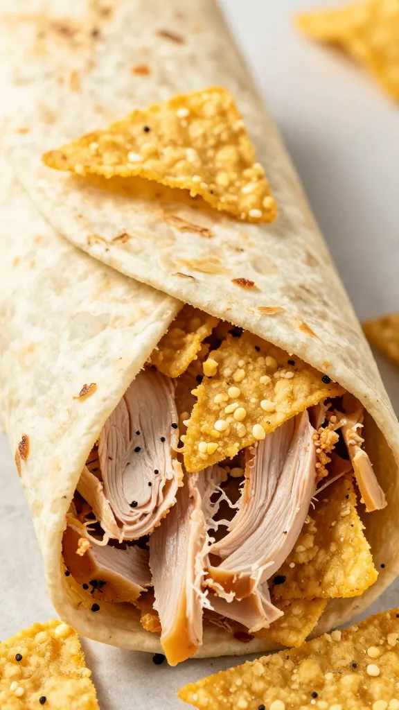 crushed tortilla chips topping turkey wrap close-up