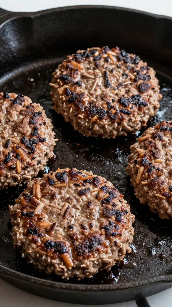 Leftover turkey burger patties on cast-iron skillet