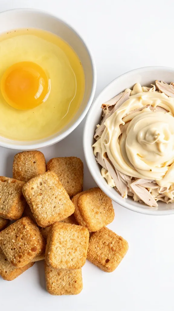 Breadcrumbs, egg, and mayo beside turkey mixture