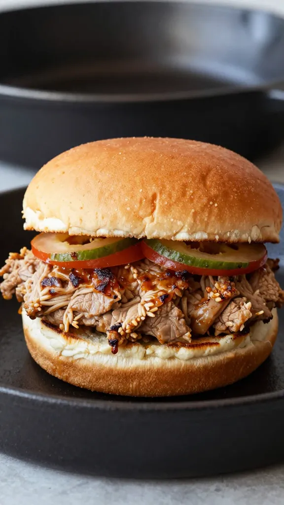 Juicy turkey burger on brioche bun, skillet backdrop