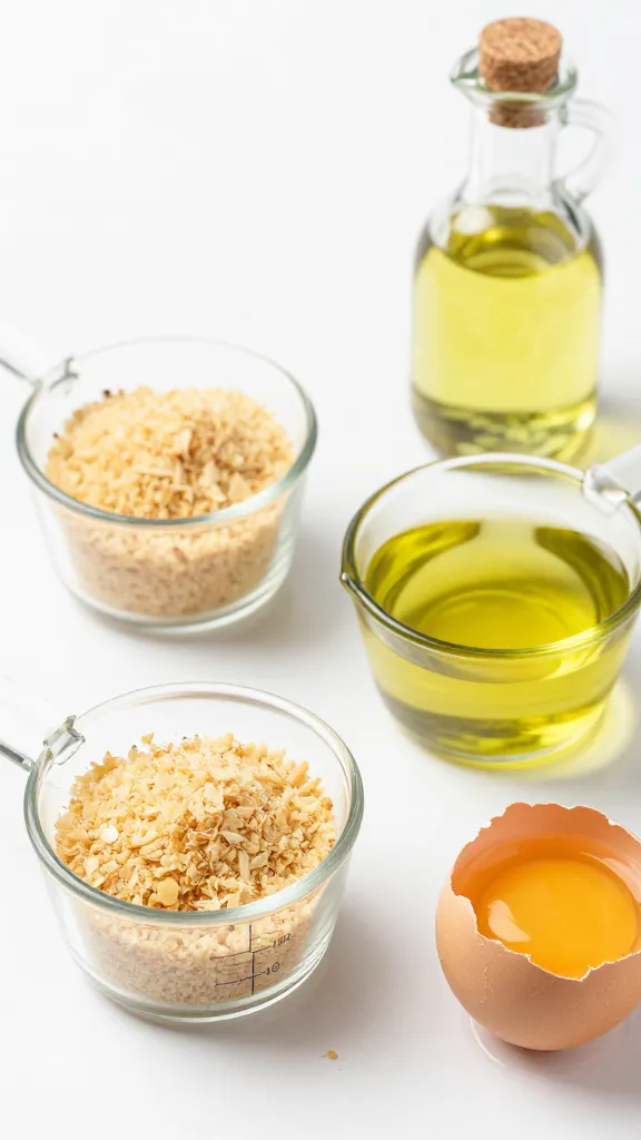 Measuring cups with panko, olive oil, and cracked egg