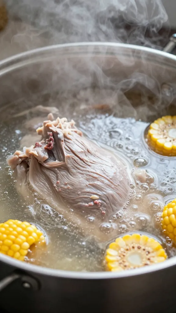 Turkey neck simmering in stockpot, steam rising