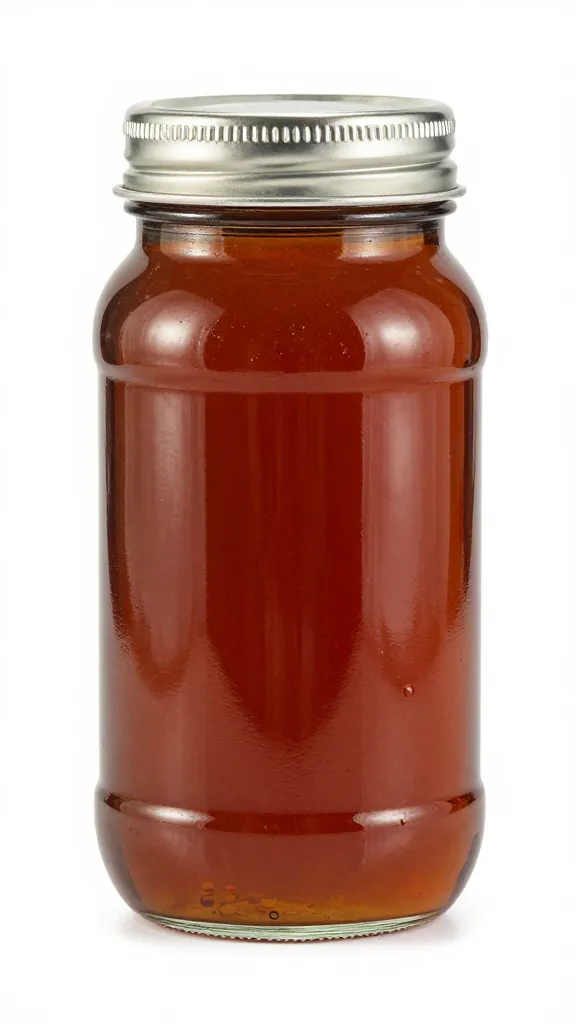 Turkey neck stock in glass jar, rich amber color