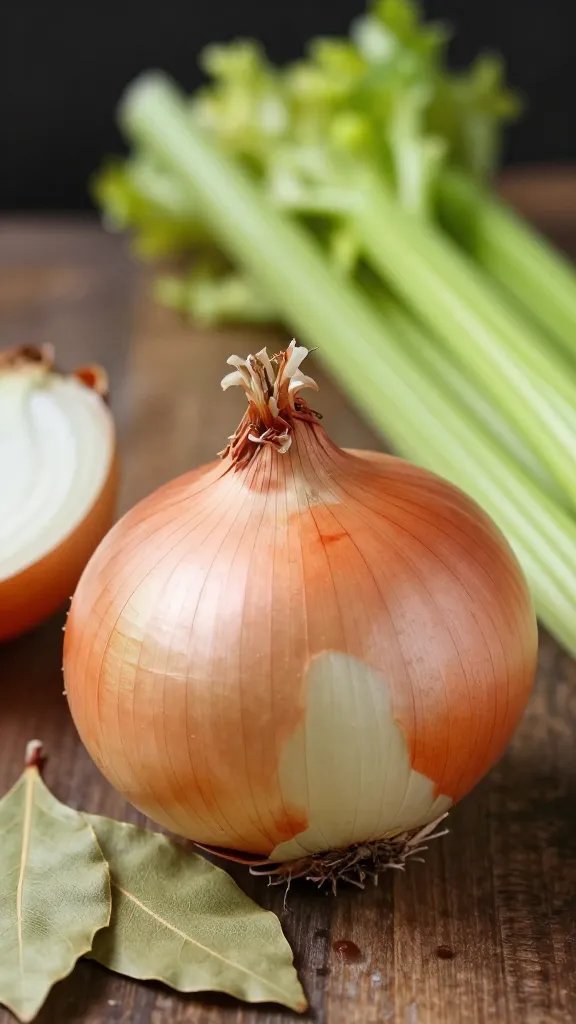 Turkey neck and aromatics: onion, celery, bay leaves
