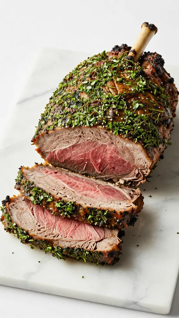 prime rib roast sliced, herb crust, marble platter