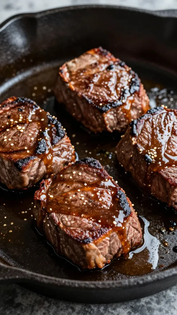 seared beef tenderloin medallions, pan sauce, cast-iron