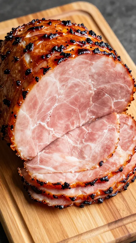 glazed spiral ham, caramelized edges, wooden carving board