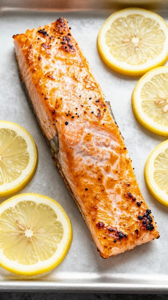 roasted salmon fillet, lemon slices, sheet pan
