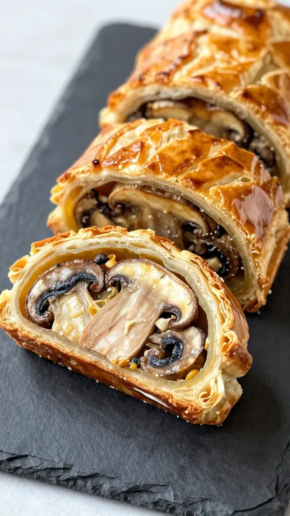 mushroom wellington slices, puff pastry, dark slate plate