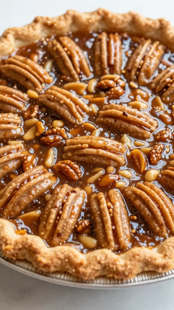 Bourbon pecan pie, glossy nuts, reduced-syrup filling