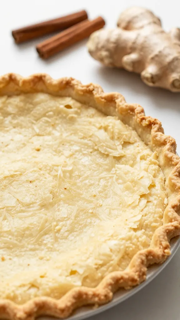Flaky pie crust close-up, cinnamon and fresh ginger nearby
