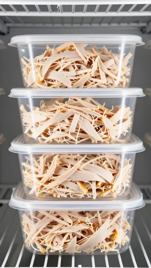Shredded turkey in labeled airtight containers, fridge shelf