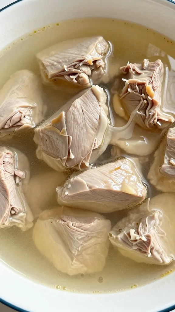 Turkey chunks with splash of broth in container, close-up