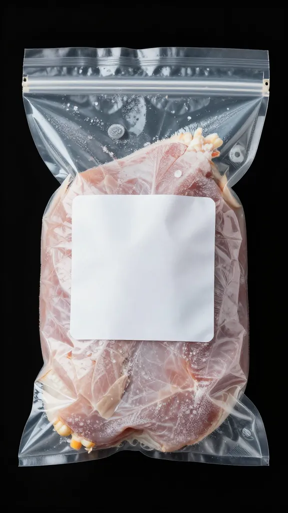 Thin flat freezer bag of turkey, dated label, frosty